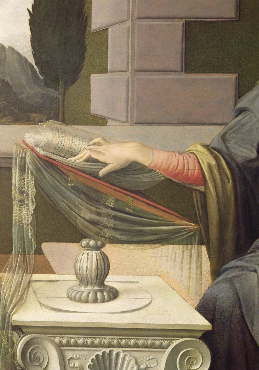 Detalj av Jungfru Maria, från bebådelsen, 1472-75 olja på panel efter restaurering av Leonardo da Vinci