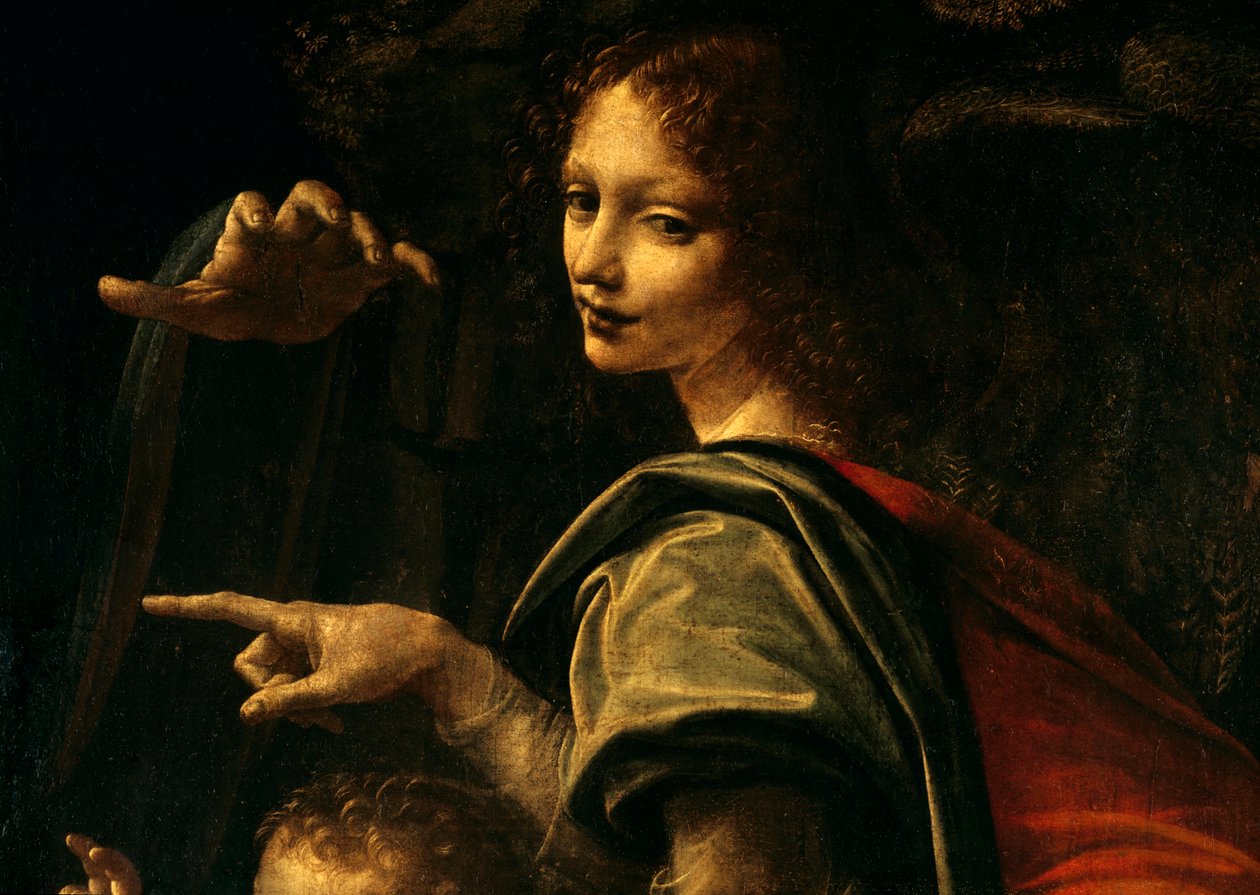 Detalj av Jungfrun med klippor, Johannes Döparen pekande finger och Jungfru Marias hand av Leonardo da Vinci