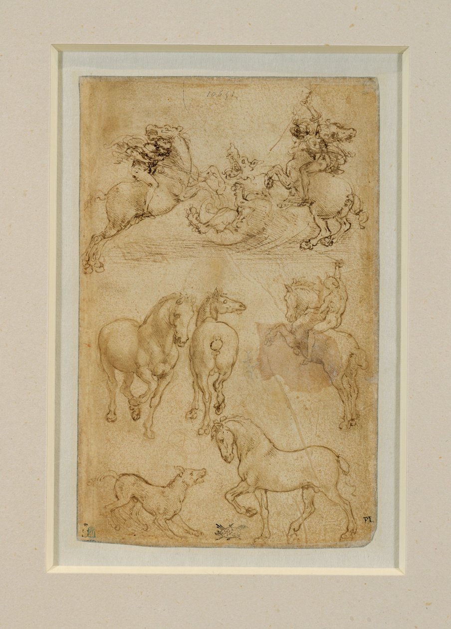 Två ryttare kämpar mot en drake; en ryttare och två hästar; en hund och en häst ... av Leonardo da Vinci