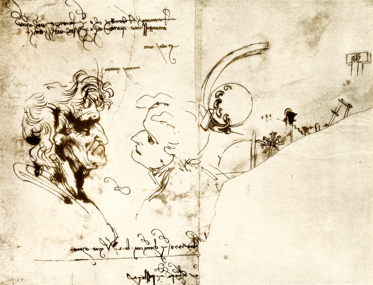 Utkast till två manliga huvuden av Leonardo da Vinci