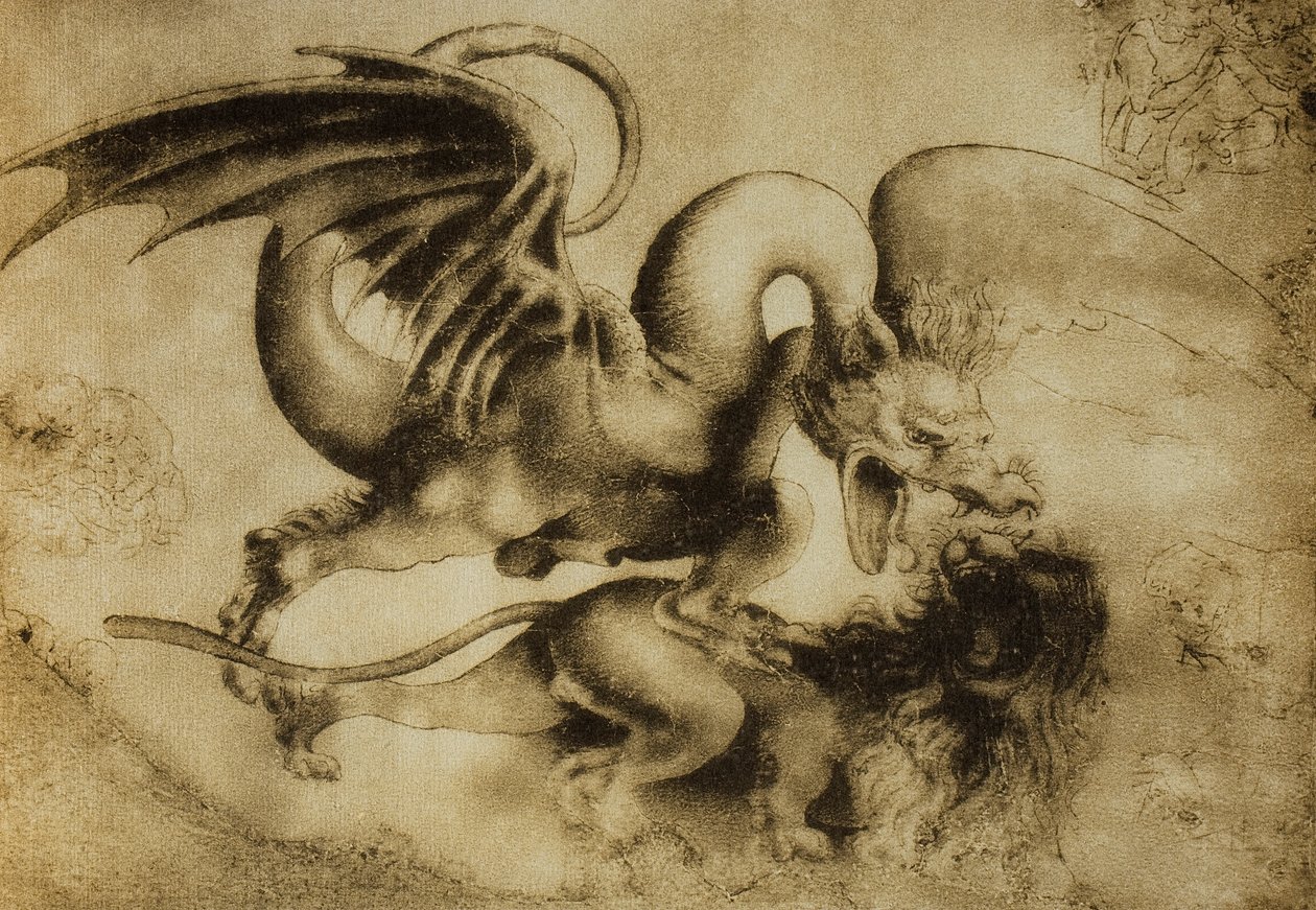 Draken dödar ett lejon, teckning av Leonardo da Vinci. Cabinet of Drawings and Prints, Uffizi Gallery, Florens av Leonardo da Vinci