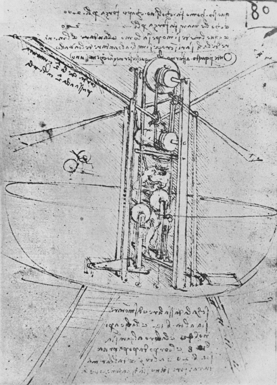 Ritning av en flygande maskin med en man som använder den, c1480 1945 av Leonardo da Vinci