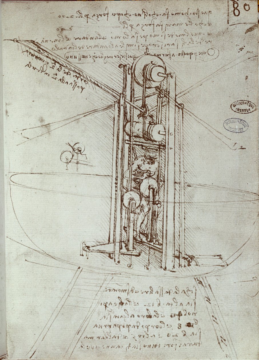 Ritning av flygande framdrivningsmaskin. Manuskript av Leonard De Vinci (Leonardo da Vinci av Leonardo da Vinci