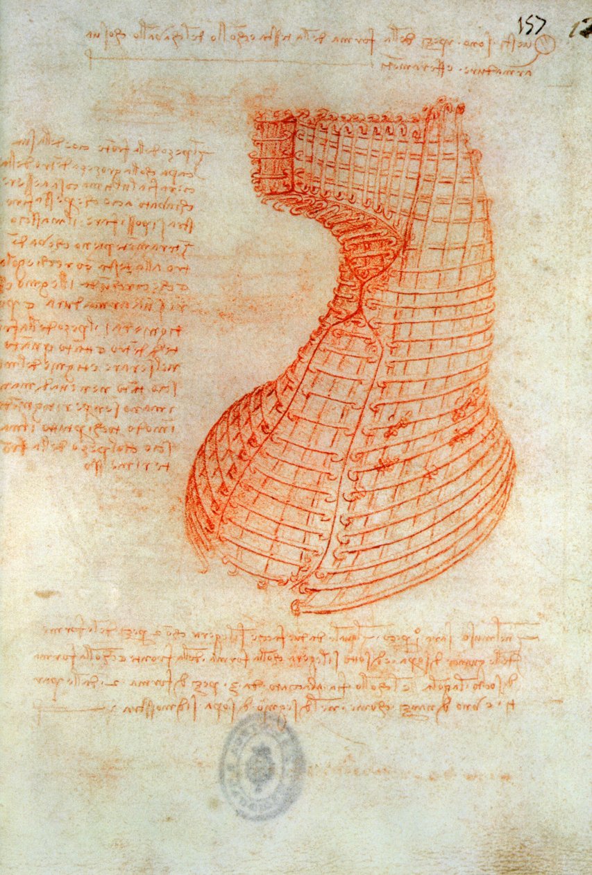 Ritning av gjutformen för Sforzahästens huvud, Fol. 57 (recto), från Codex Madrid I, c.1491-93 (penna och brunt bläck på papper) av Leonardo da Vinci