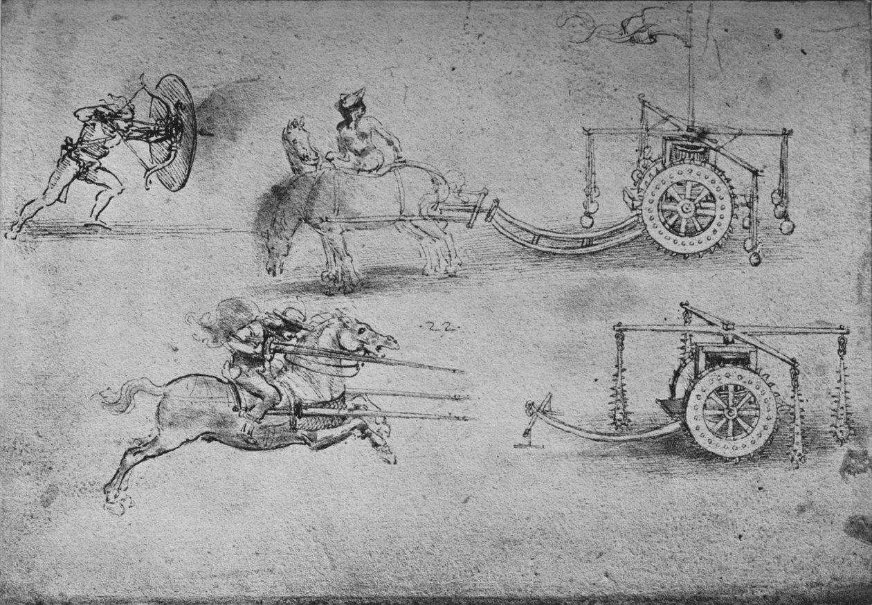 Teckningar av vagnar beväpnade med slagor, av en bågskytt med en sköld, c1480, 1945 av Leonardo da Vinci