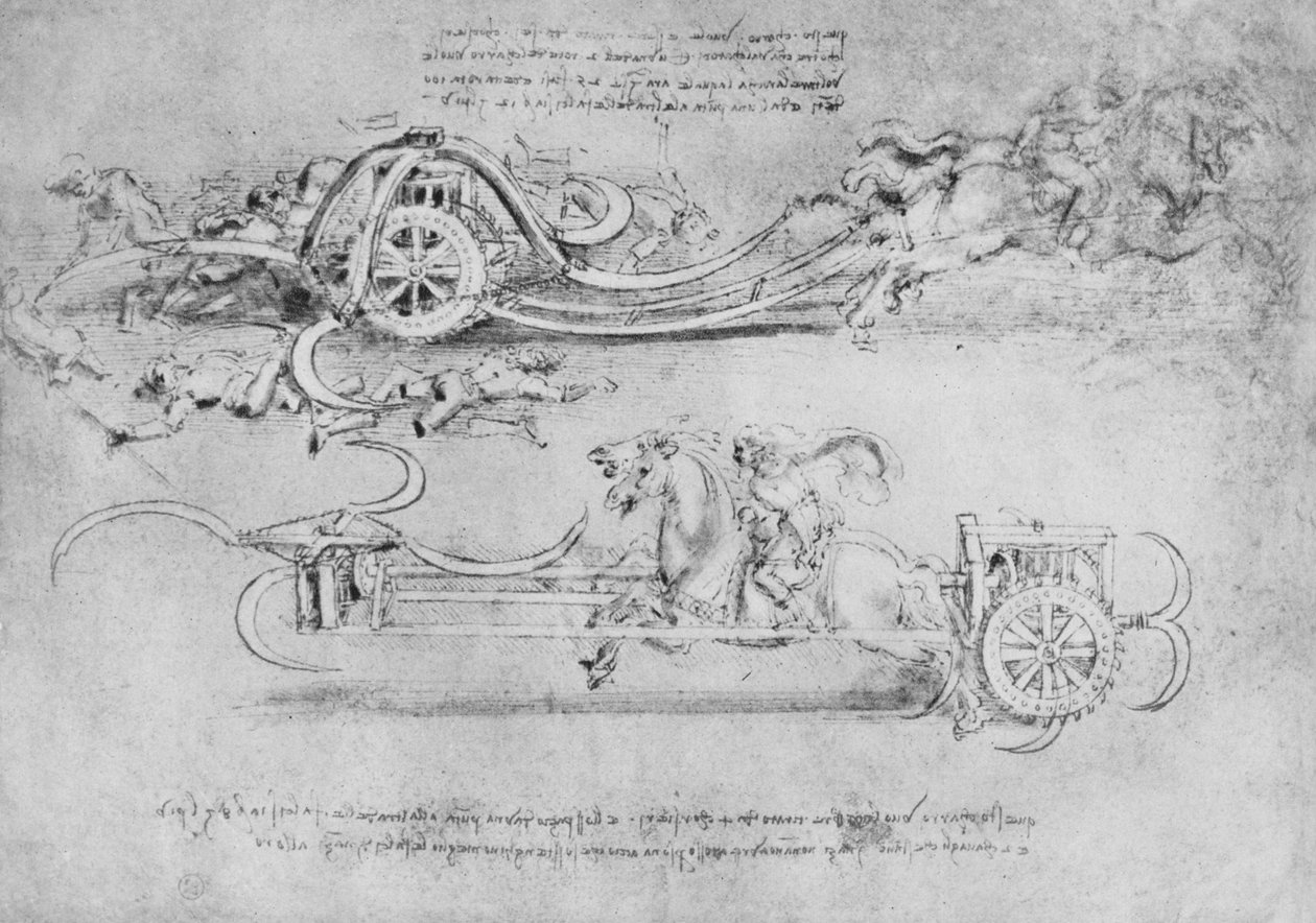 Teckningar av två typer av vagnar beväpnade med liear, c1480 1945 av Leonardo da Vinci