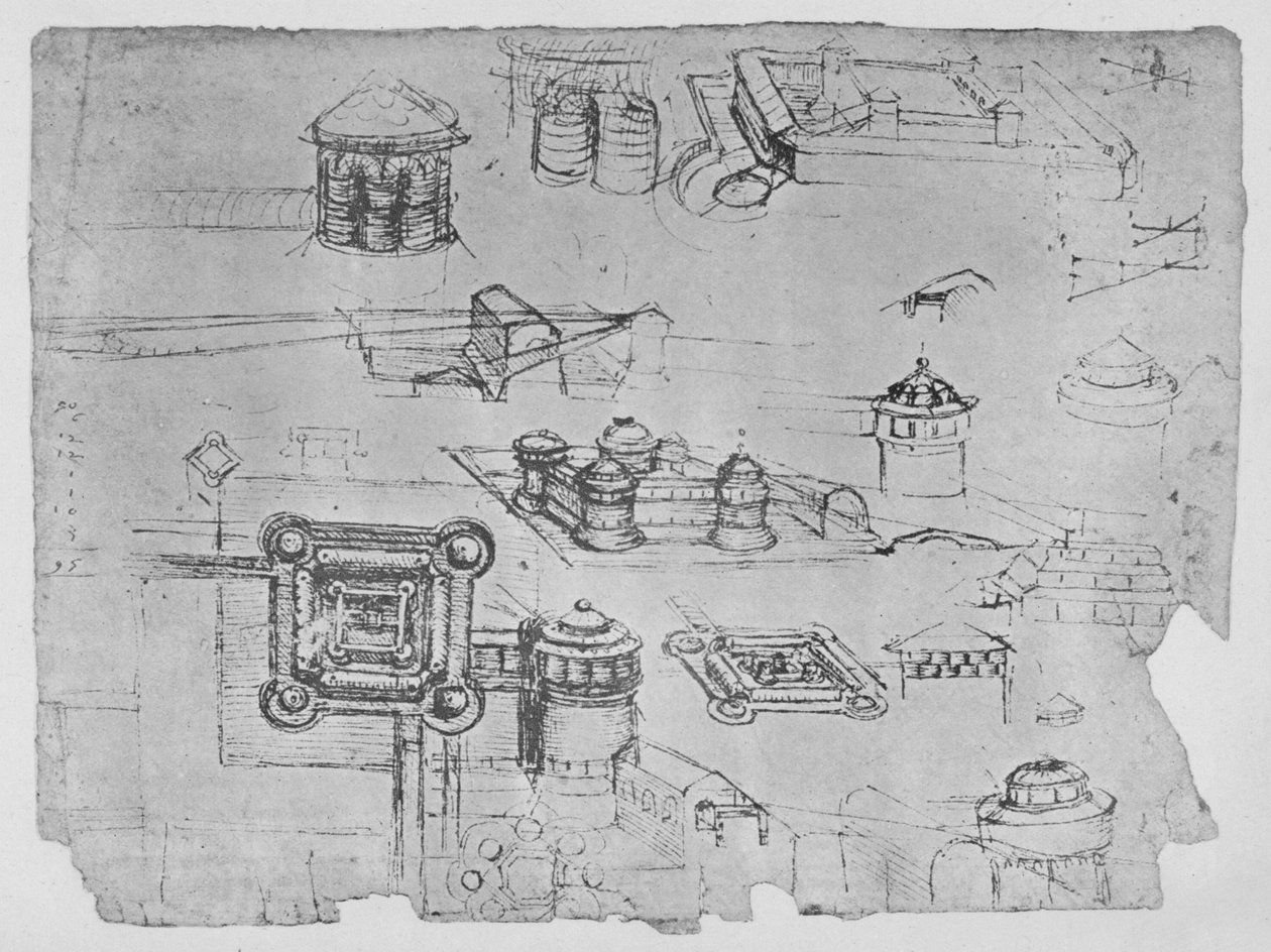Ritningar av ett fyrkantigt slott, c1480 1945 av Leonardo da Vinci