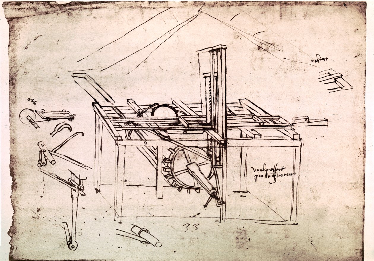 Utdrag ur ett Da Vinci-manuskript som beskriver principen för och konstruktionen av en "hydraulisk såg med automatisk framdrivning" (manuskript) av Leonardo da Vinci
