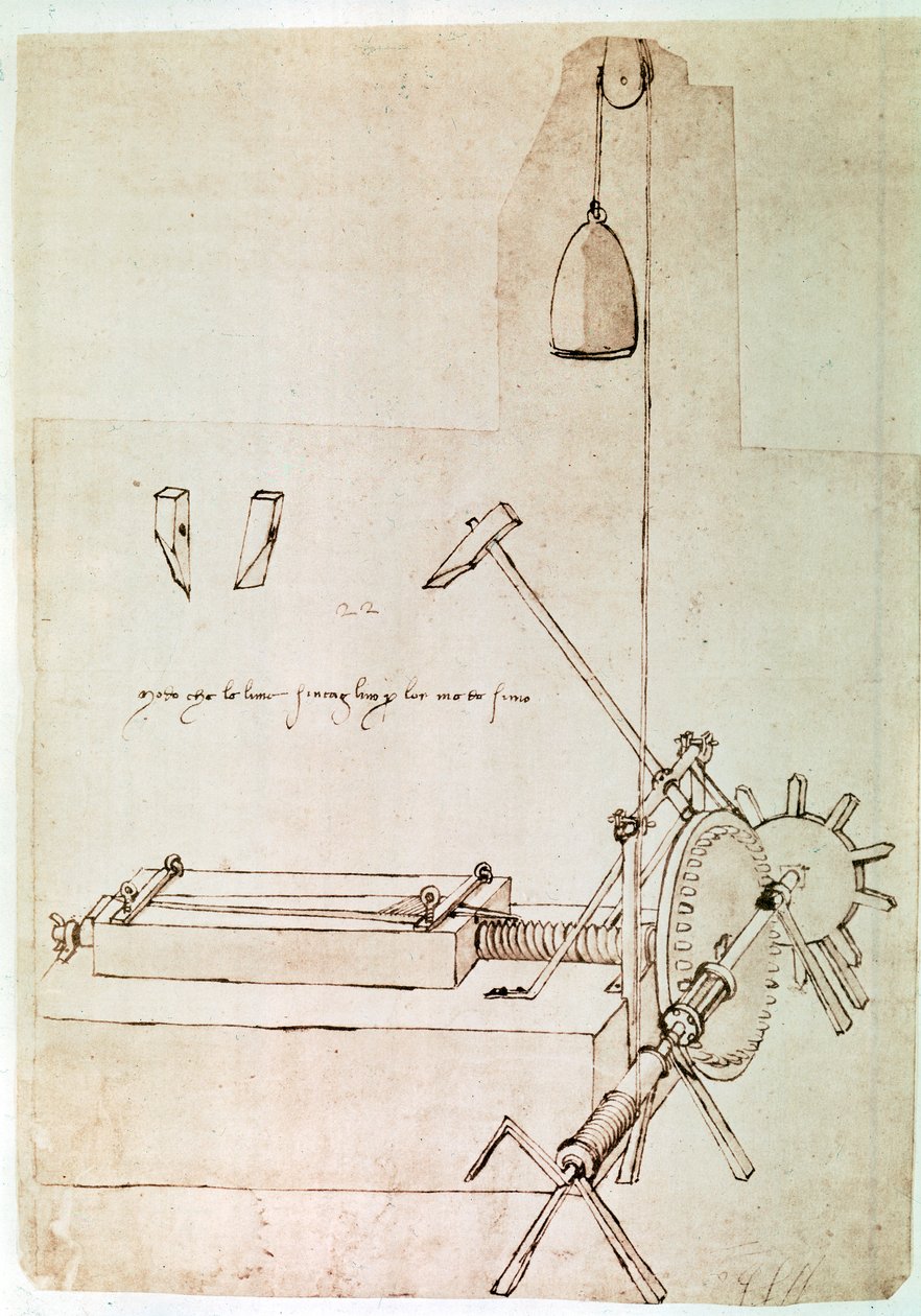 Utdrag ur ett Da Vinci-manuskript som beskriver principen för och konstruktionen av en "maskin för indragning av filer" (manuskript) av Leonardo da Vinci