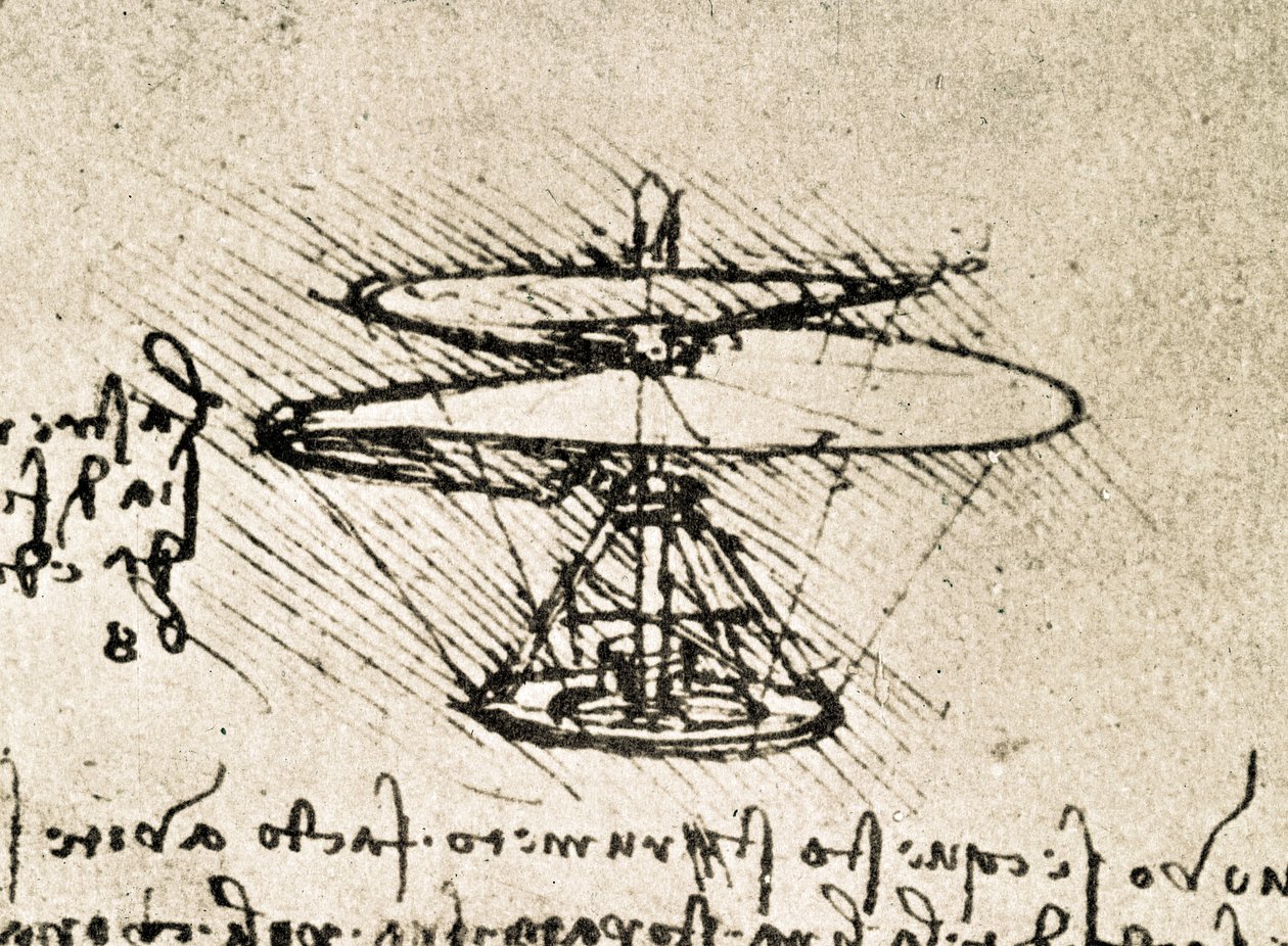 Utdrag ur ett Da Vinci-manuskript som beskriver principen för och konstruktionen av "Aerial Screw (Helicopter)" (manuskript) av Leonardo da Vinci