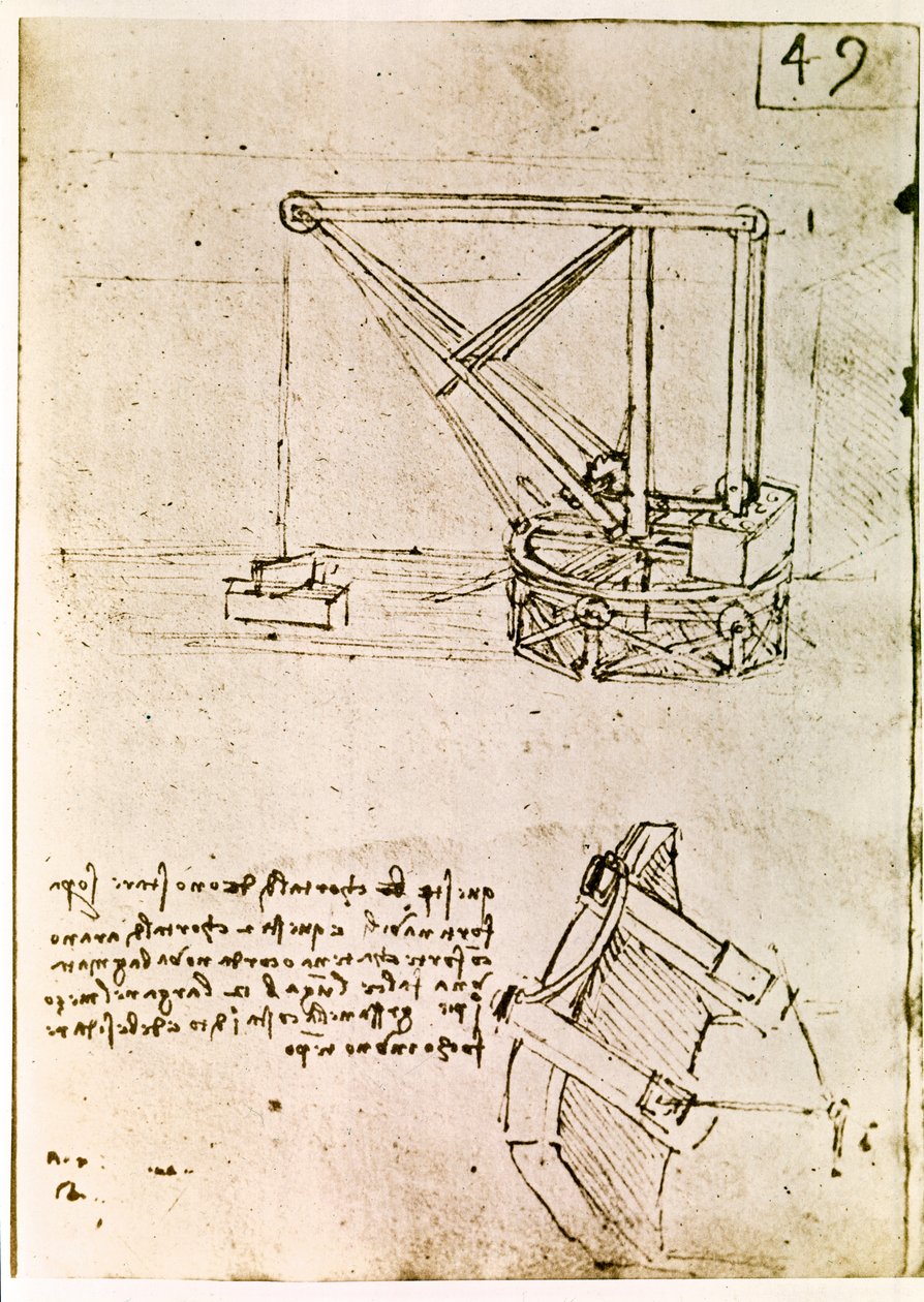 Utdrag ur ett Da Vinci-manuskript som beskriver principen för och konstruktionen av en "roterande kran" (manuskript) av Leonardo da Vinci