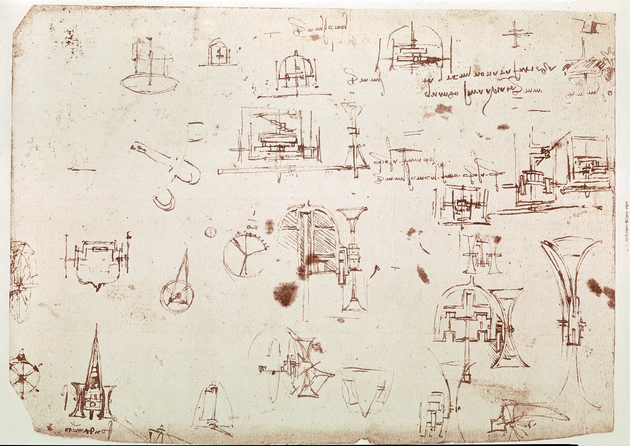 Utdrag ur ett Da Vinci-manuskript som beskriver principen för och konstruktionen av en "båt med framdrivning med hjälp av hjul" (manuskript) av Leonardo da Vinci