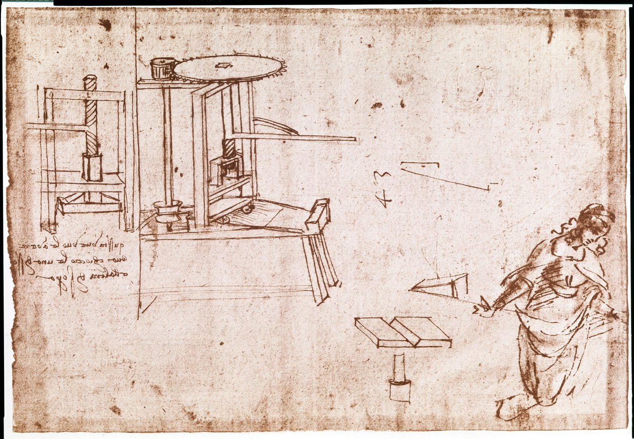 Utdrag ur ett Da Vinci-manuskript som beskriver principen för och konstruktionen av en "pressmaskin" för tryckning (manuskript) av Leonardo da Vinci