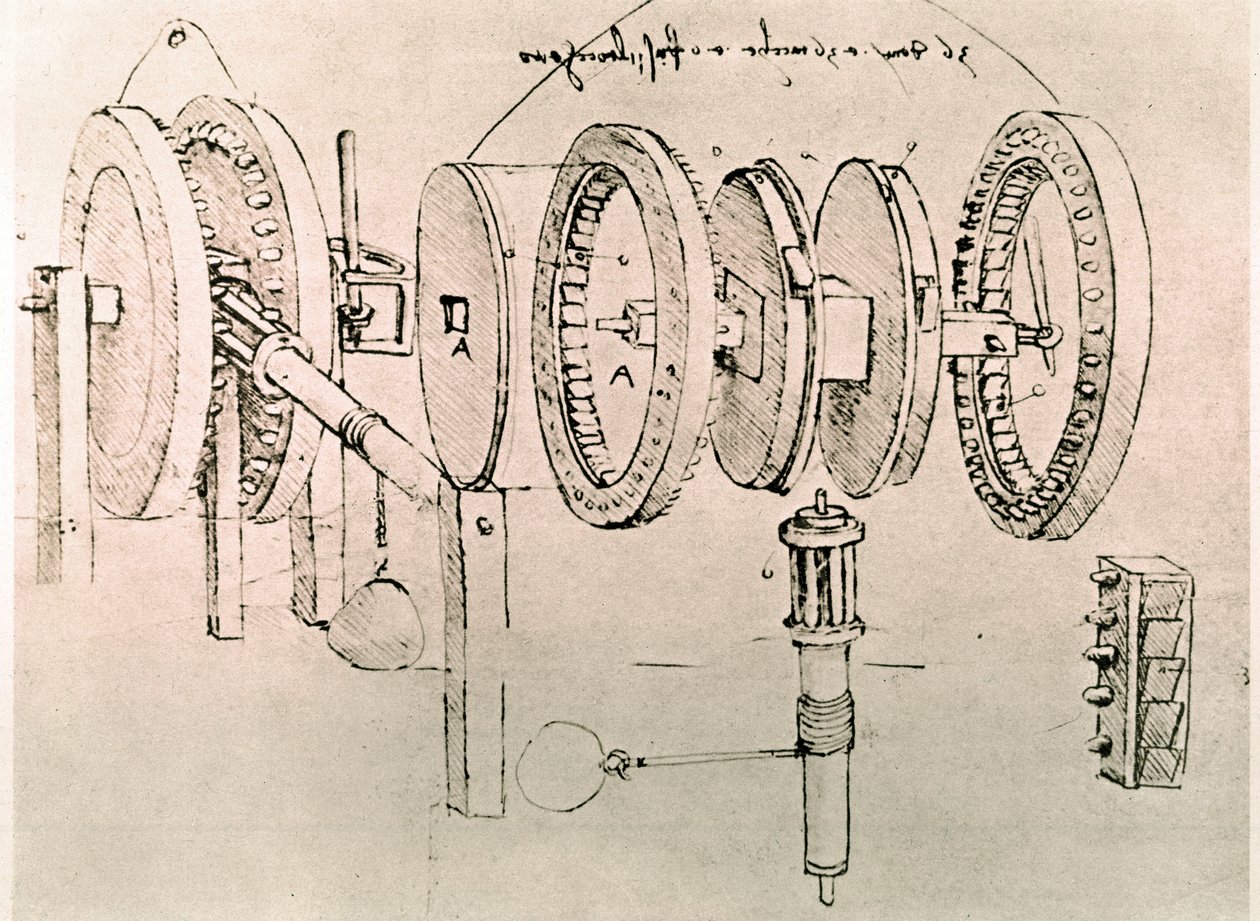 Utdrag ur ett Da Vinci-manuskript som beskriver principen för och konstruktionen av "Transformation of Alternate Motion into Continuous Motion" (manuskript) av Leonardo da Vinci