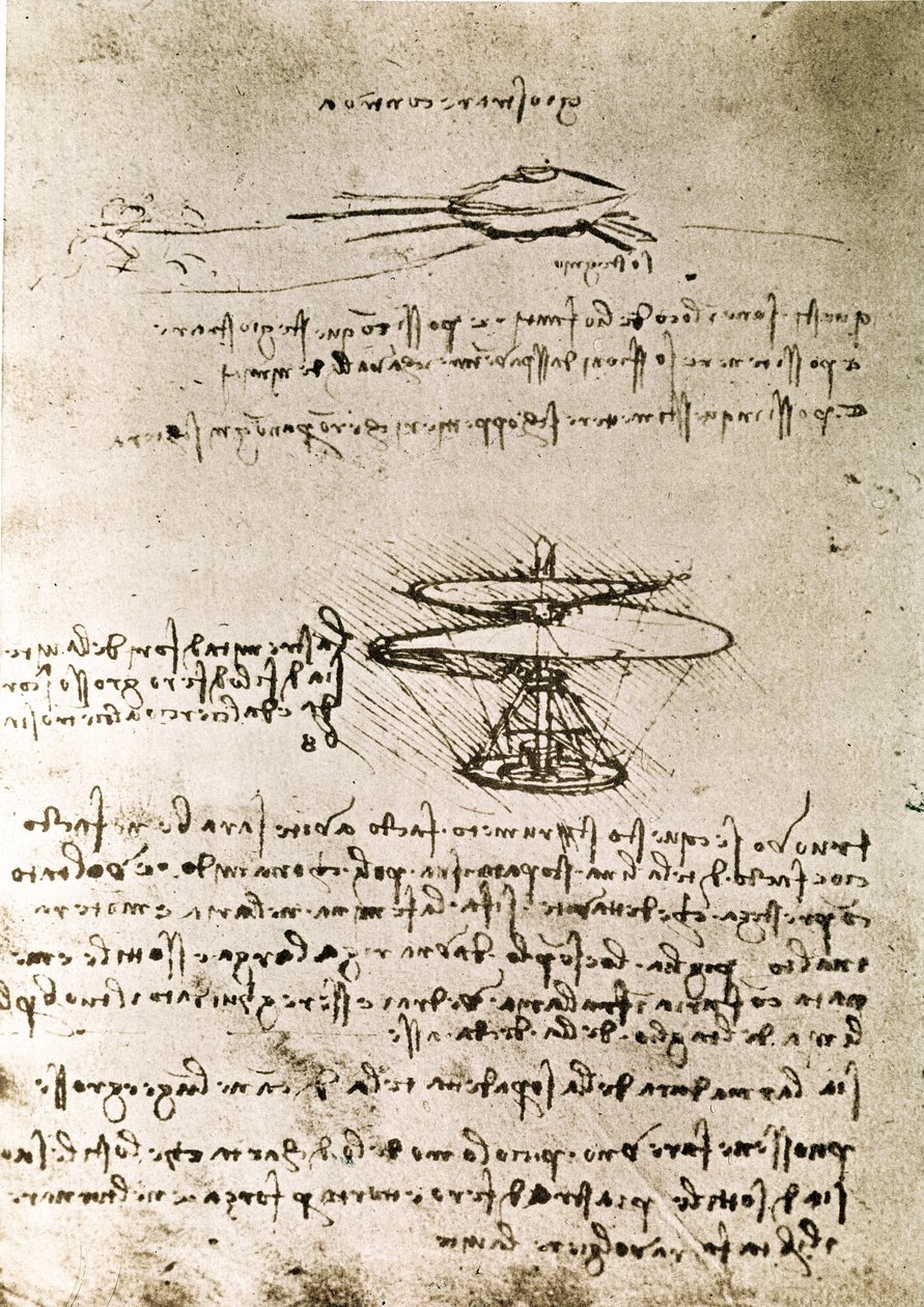 Utdrag ur ett Da Vinci-manuskript som beskriver principen för och konstruktionen av "Aerial Screw (Helicopter)" (manuskript) av Leonardo da Vinci