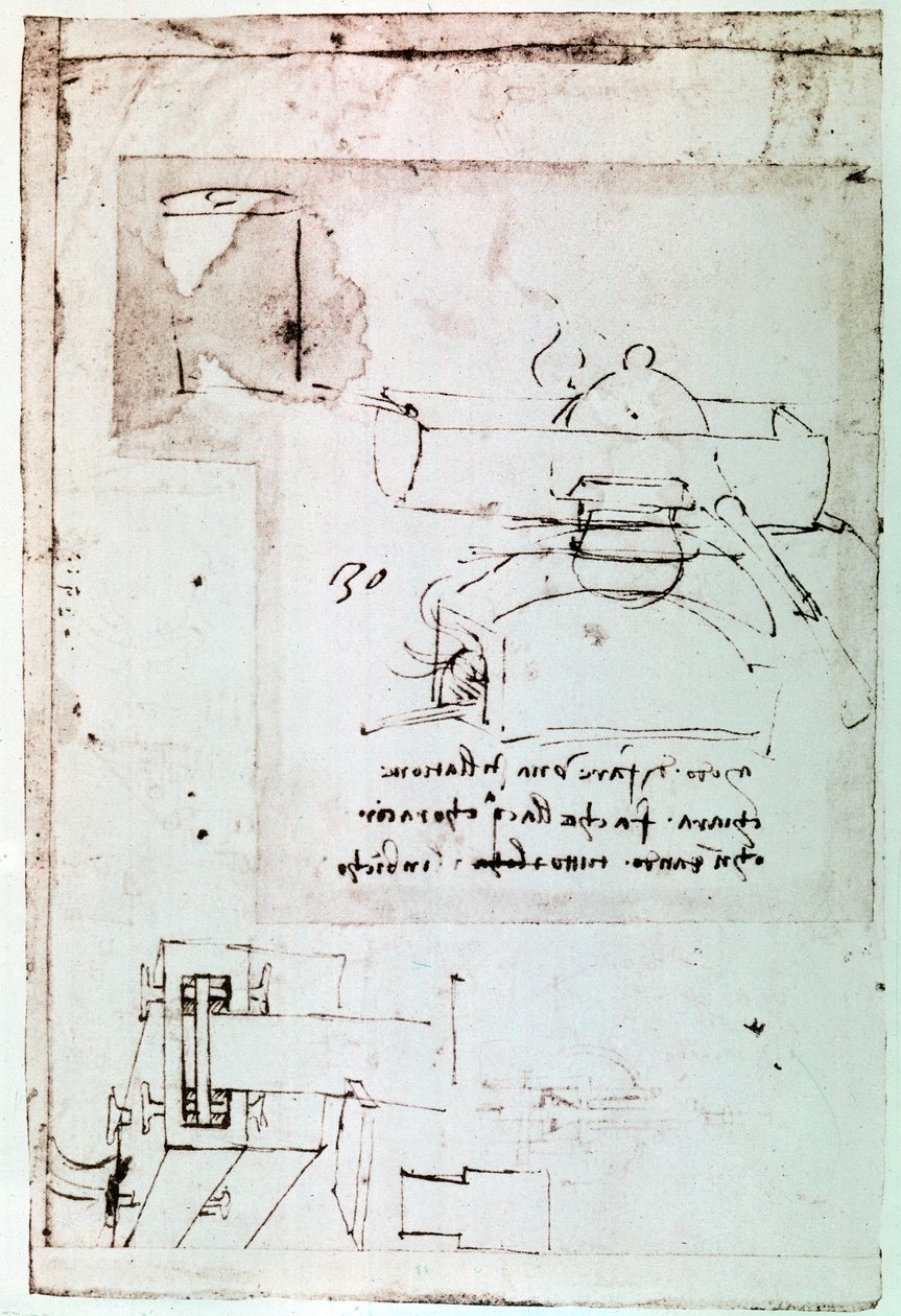 Utdrag ur ett Da Vinci-manuskript som beskriver principen för och konstruktionen av en "destillator med kontinuerlig kylning" (manuskript) av Leonardo da Vinci