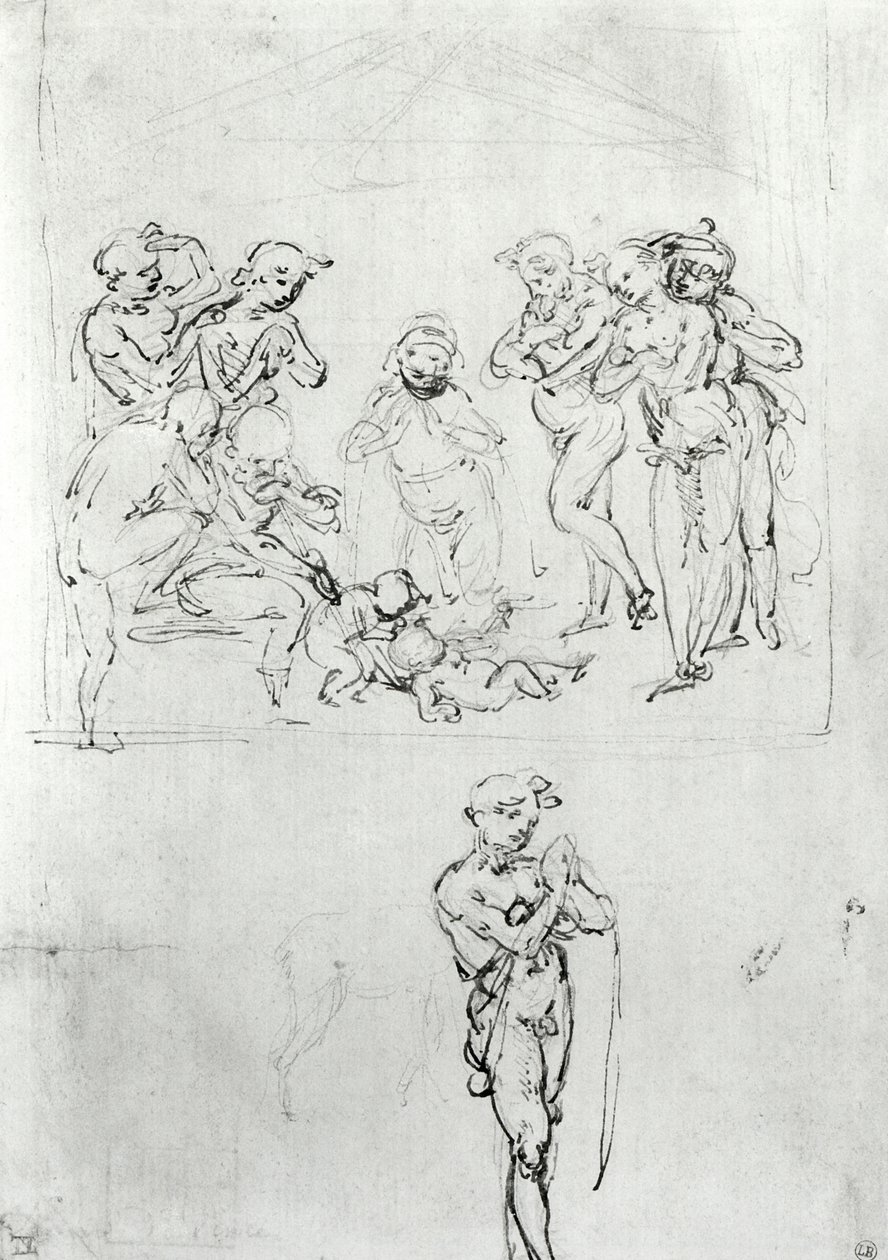 Figural Studies for the Adoration of the Magi, c.1481 (penna och bläck och metallspets på papper) av Leonardo da Vinci