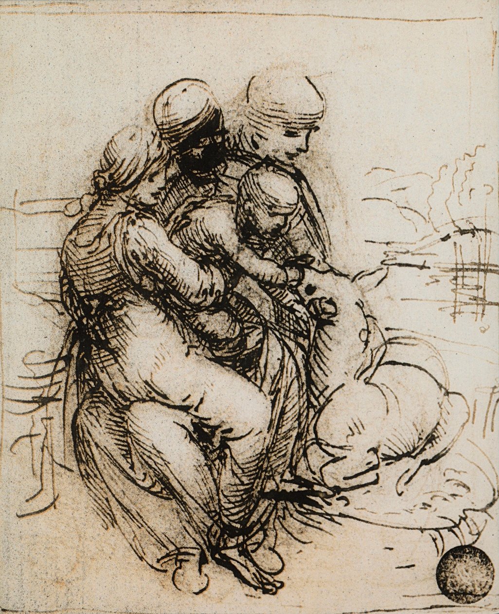 Första idén för Madonnan och Child och Saint Ann; teckning av Leonardo da Vinci. Gallerie dell