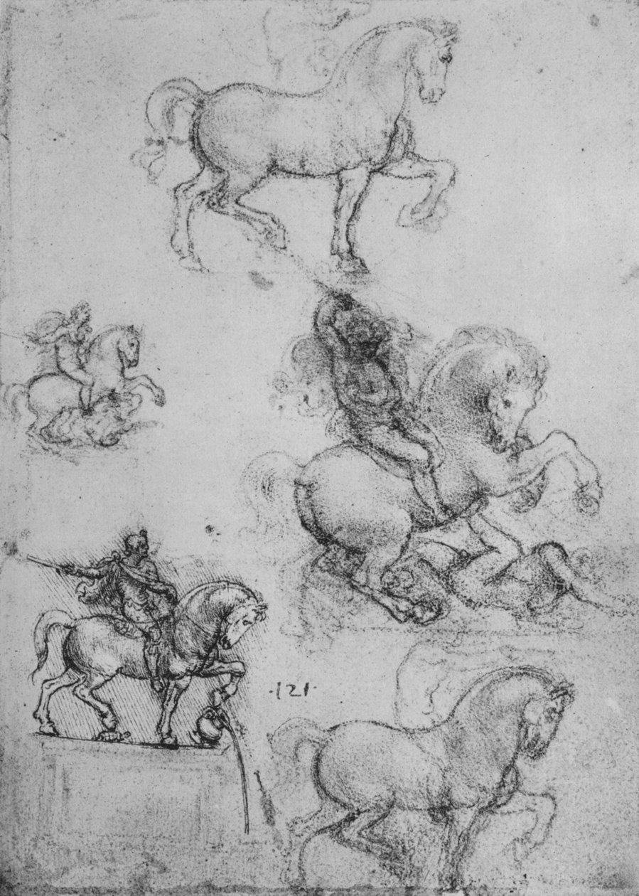 Fem studier av hästar och ryttare, c1480 1945 av Leonardo da Vinci