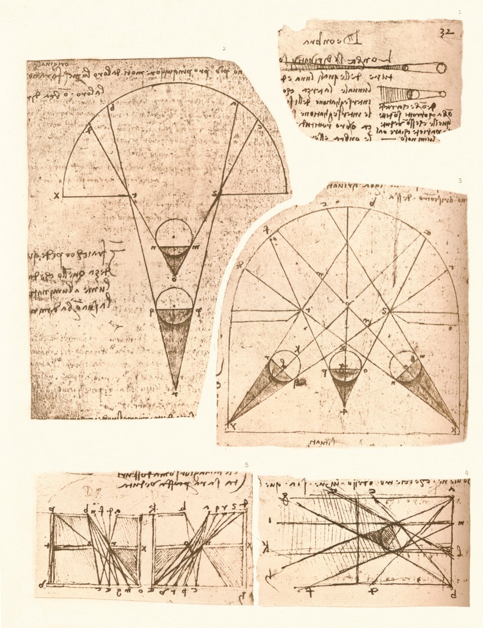 Fem diagram som illustrerar teorin om ljus och skugga, c1472-c1519 1883 av Leonardo da Vinci