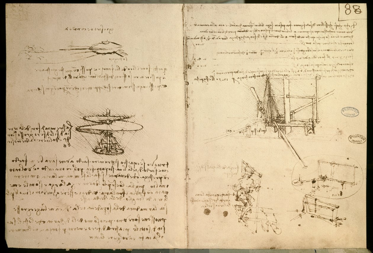 Flygande maskiner, en av de första ritningarna av en helikopterliknande flygmaskin, ca. 1487 av Leonardo da Vinci