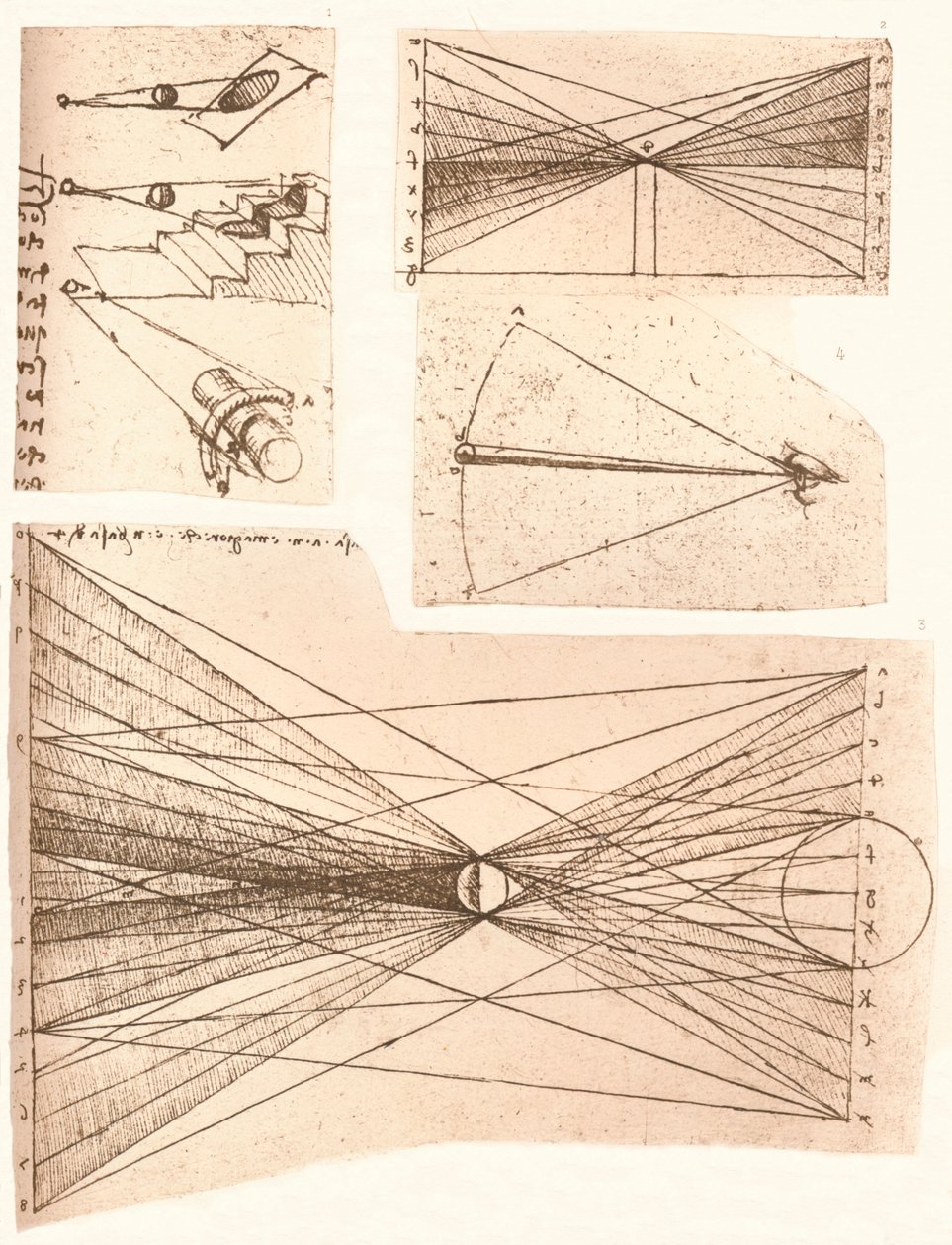 Fyra diagram som illustrerar teorin om ljus och skugga, c1472-c1519 1883. av Leonardo da Vinci