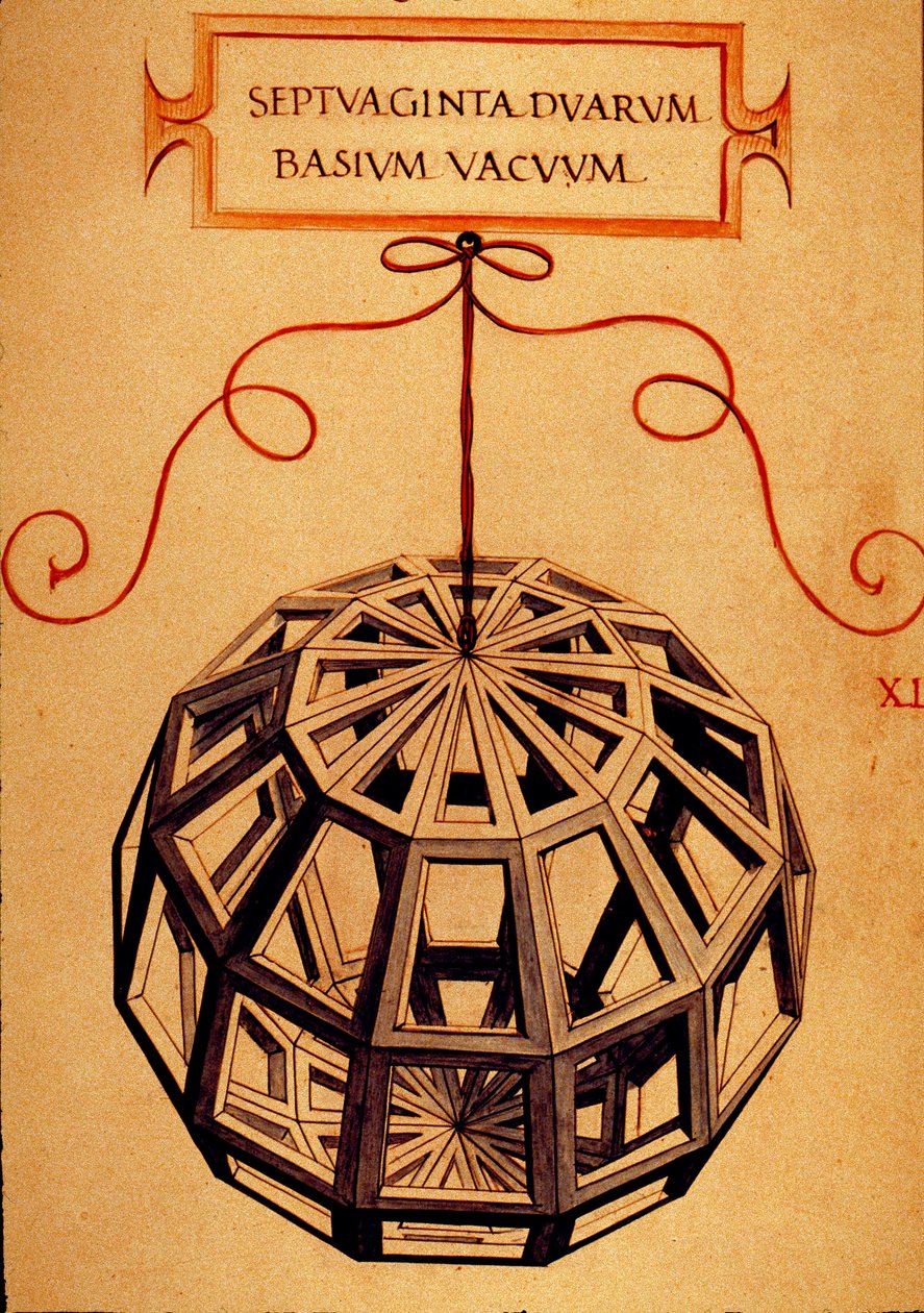 Geometri: "" A Polyhedron"" Sidan hämtad från manuskriptet "" De divina proportione"" (Om gudomliga proportioner) av matematikern Fra Luca Pacioli dit Luca di Borgo (1445-1517) illustrerad av Leonardo da Vinci (1452-1519). 1509. av Leonardo da Vinci