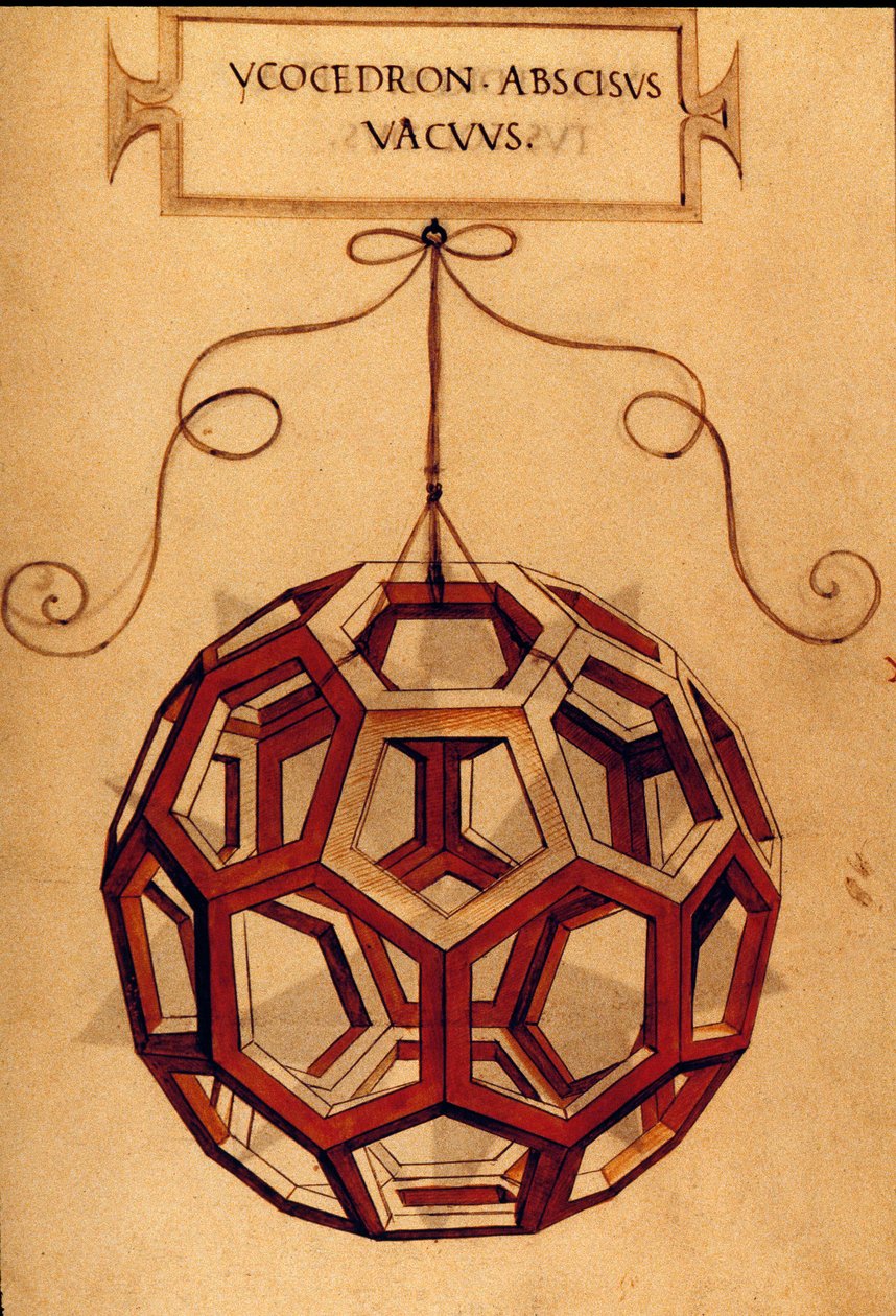 Geometri: "" An Icosahedron"" Sidan hämtad från manuskriptet "" De divina proportione"" (Om gudomliga proportioner) av matematikern Fra Luca Pacioli dit Luca di Borgo (1445-1517) illustrerad av Leonardo da Vinci (1452-1519). 1509. av Leonardo da Vinci