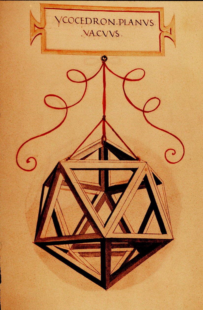 Geometri: "" An Icosahedron"" Sidan hämtad från manuskriptet "" De divina proportione"" (Om gudomliga proportioner) av matematikern Fra Luca Pacioli dit Luca di Borgo (1445-1517) illustrerad av Leonardo da Vinci (1452-1519). 1509. av Leonardo da Vinci