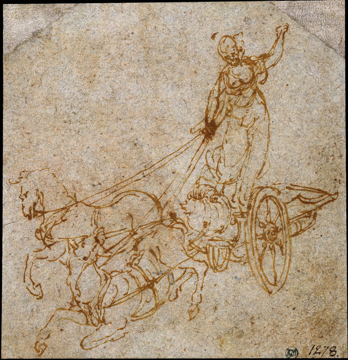 En gudinna som står i en vagn dragen av två hästar, varav den ena håller på att falla av Leonardo da Vinci