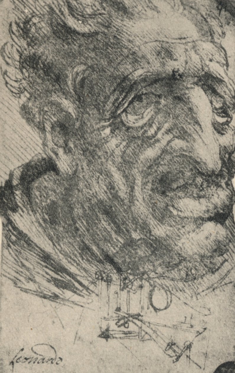 Groteskt huvud på en man vände tre fjärdedelar åt höger, c1480 1945 av Leonardo da Vinci