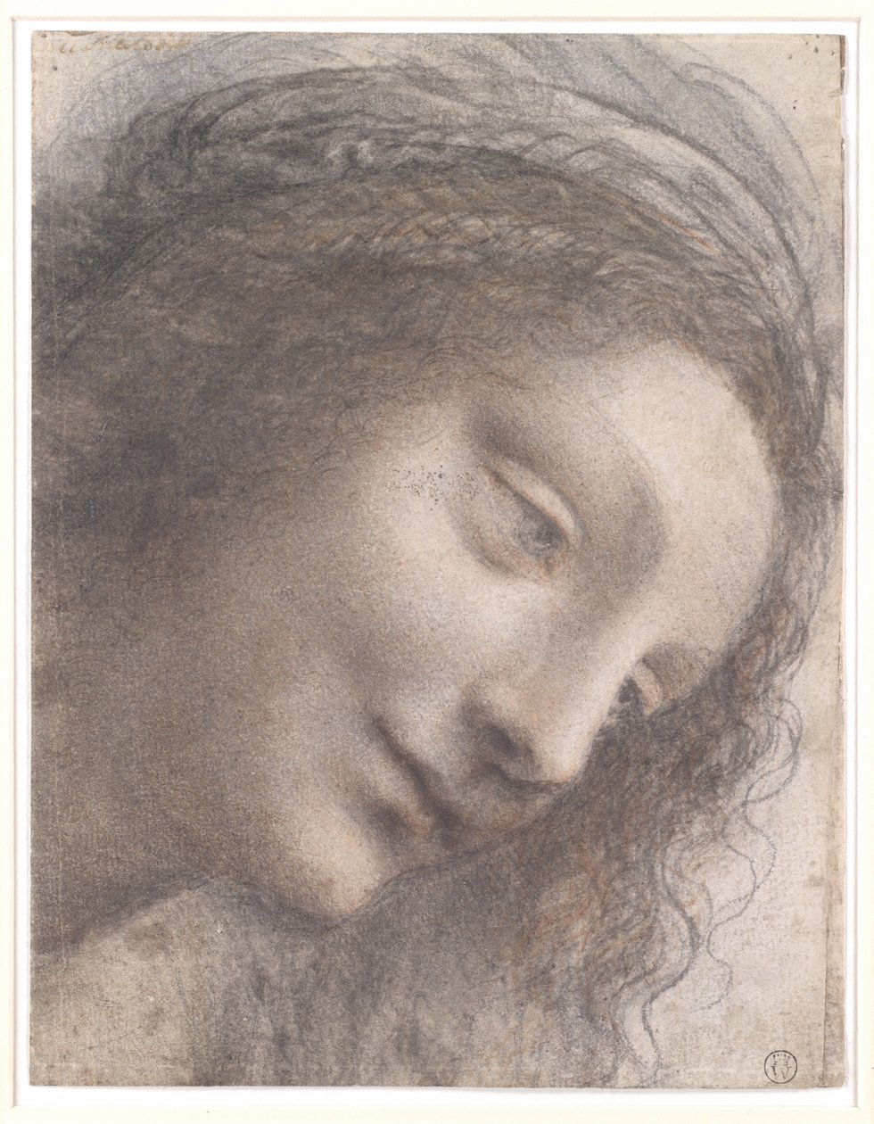 Head of Virgin, 1508-1512 (svart krita, kol och röd krita, med några spår av vit krita på kortet) av Leonardo da Vinci