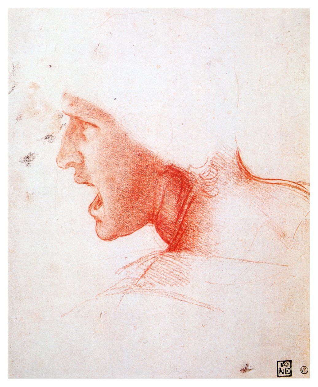 Huvudet på en man som ropar i profil till vänster, 1503-1504 av Leonardo da Vinci