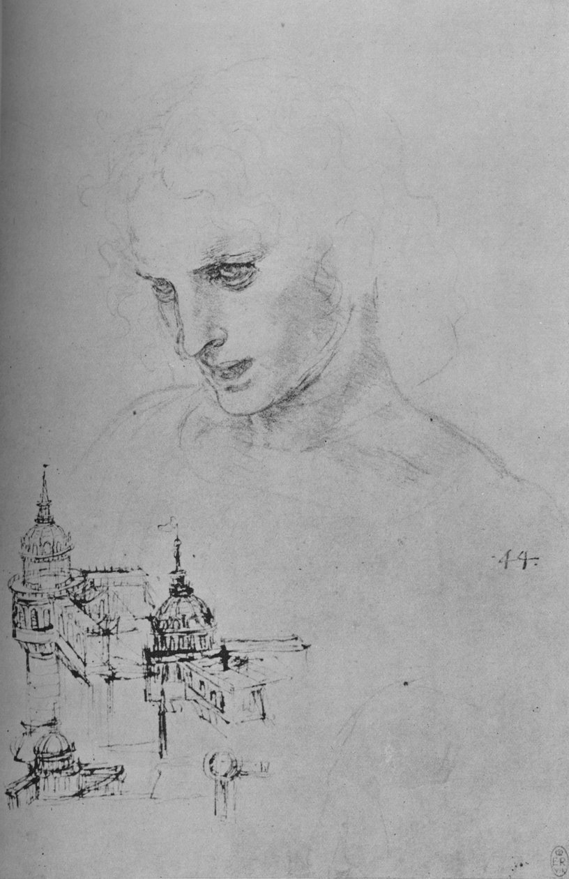 Chef för en apostel och studie av arkitektur, c1480 1945 av Leonardo da Vinci