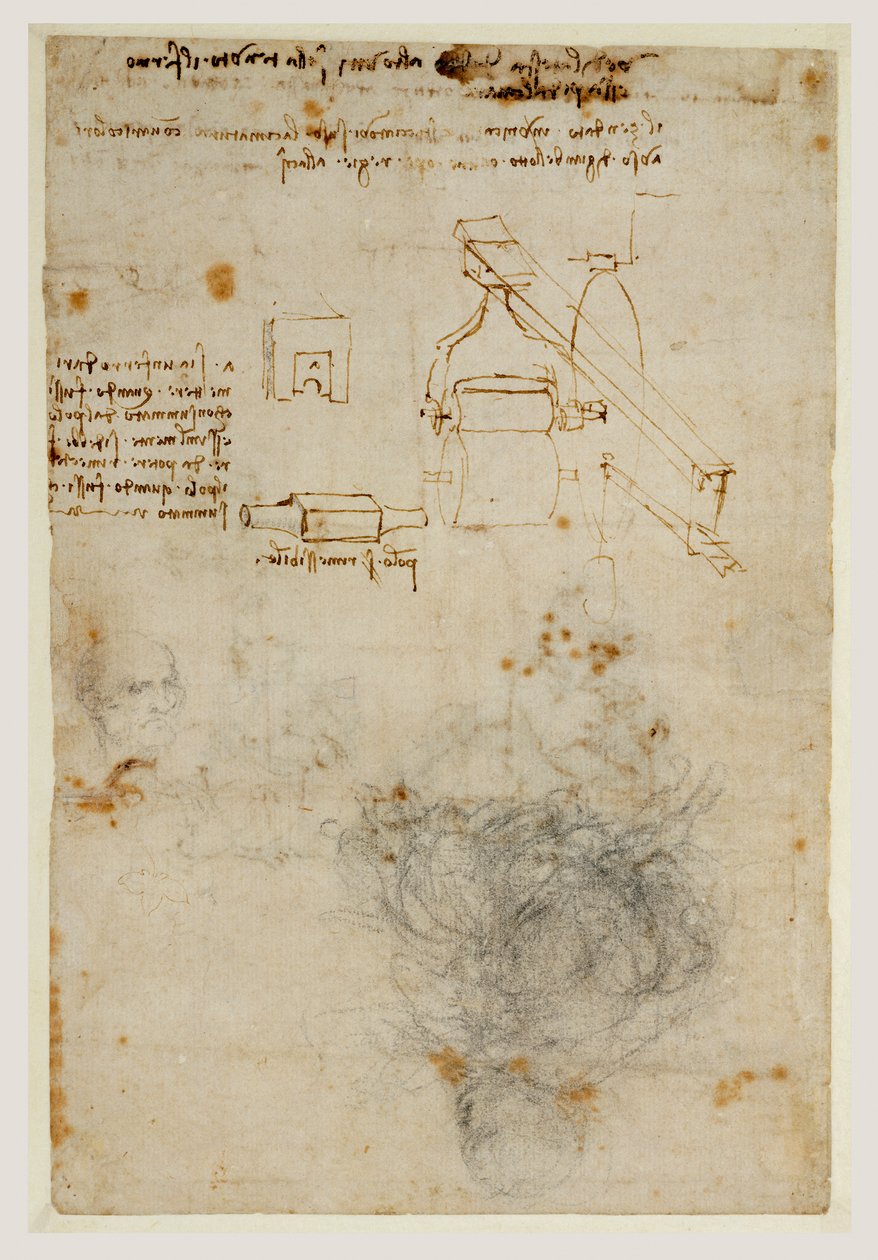 Head of an Old Man and Studies of Machinery, c.1503-06 (svart krita, penna och brunt bläck) av Leonardo da Vinci