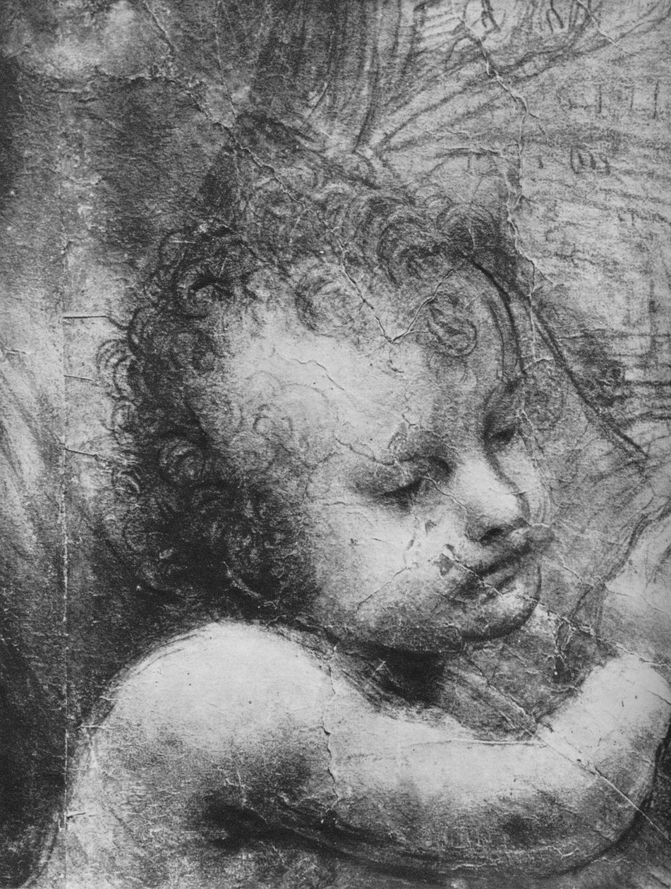 Jesu spädbarns huvud - Jungfru och barn med St. Anne och spädbarn St. John, c1480 1945 av Leonardo da Vinci