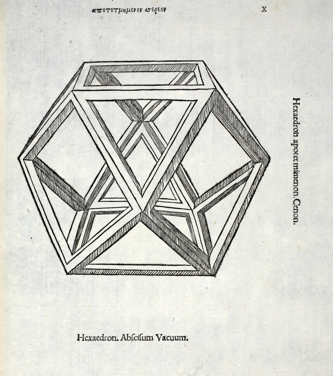 Hexaedron Abscissum Vacuum, illustration från "Divine Proportion" av Luca Pacioli (c.1445-1517), ursprungligen pub. Venedig, 1509 av Leonardo da Vinci