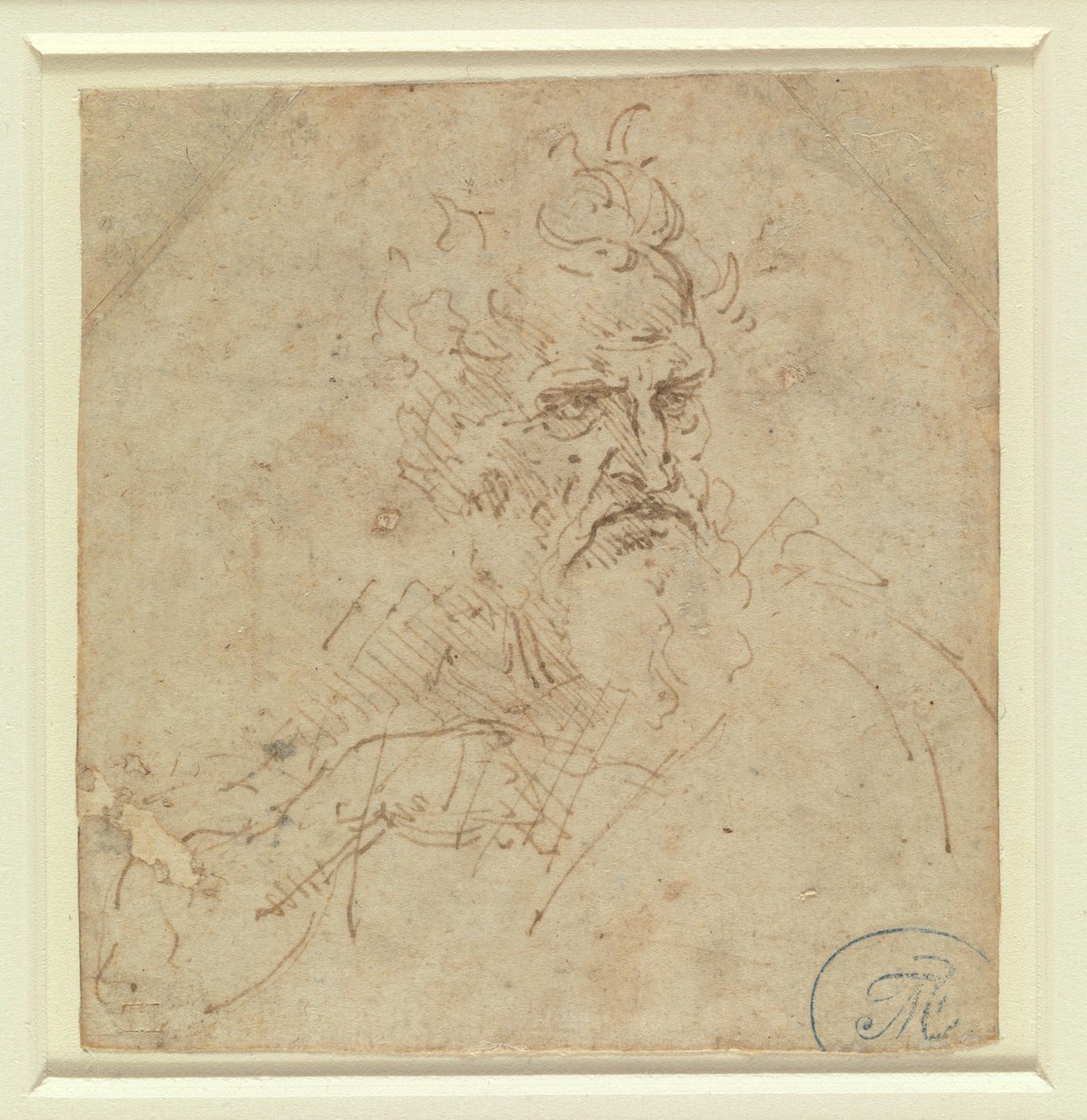 Huvudet på en grymt blickande gråhårig man med högerarm av Leonardo da Vinci
