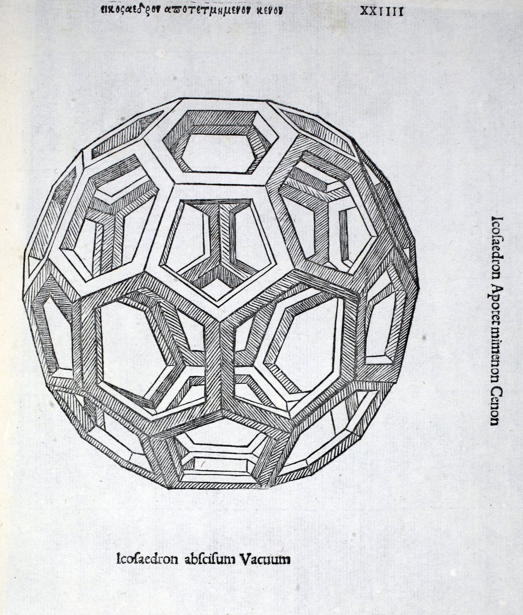 Den tomma Icosaedronen, illustration från "Divine Proportion" av Luca Pacioli (c.1445-1517), ursprungligen pub. Venedig, 1509 av Leonardo da Vinci