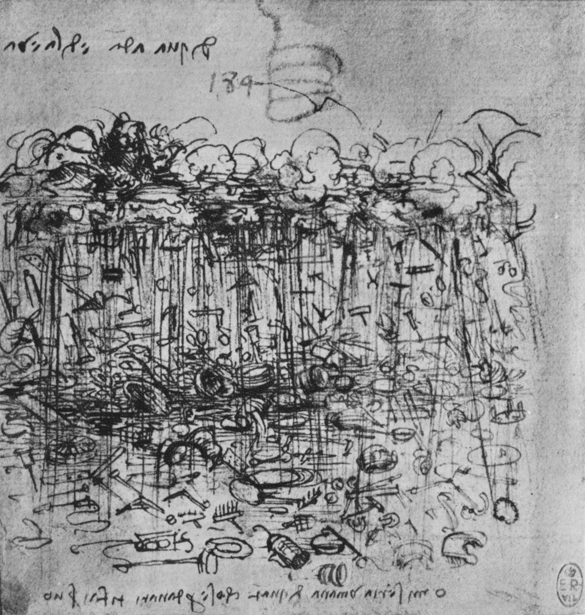 Redskap regnade ner jorden från molnen, c1480 1945 av Leonardo da Vinci