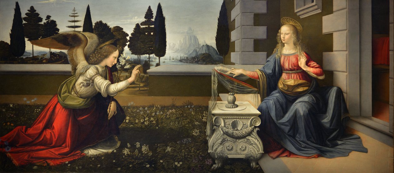 Italien Toscana Florens, Uffizigalleriet: Bebådelsen, målning av Leonardo da Vinci (1452-1519), Olja på trä, ca. 1472-1475, 98x217 cm av Leonardo da Vinci