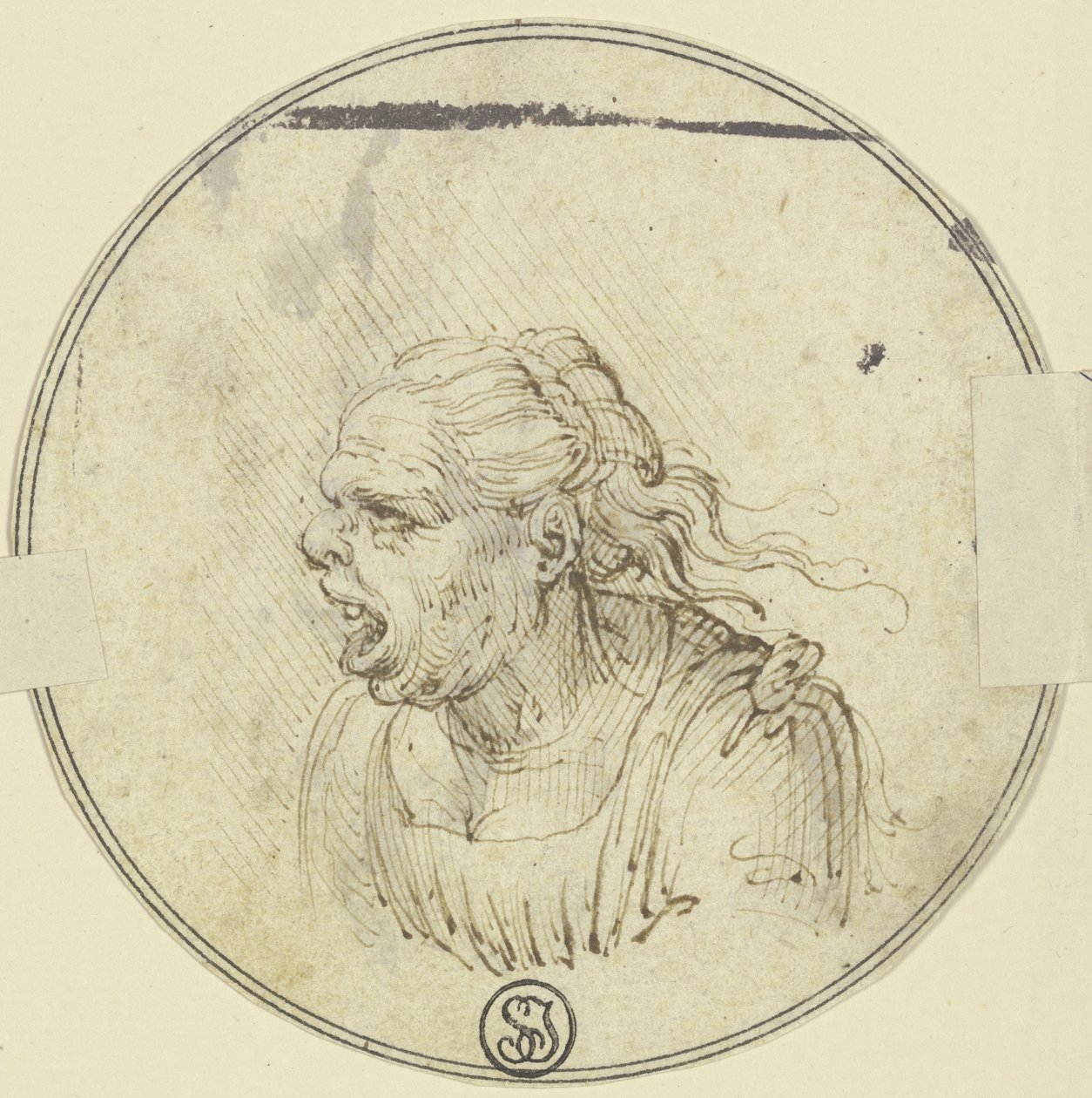 Karikatyr av en kvinna med öppen mun, bröstbild, i profil åt vänster av Leonardo da Vinci