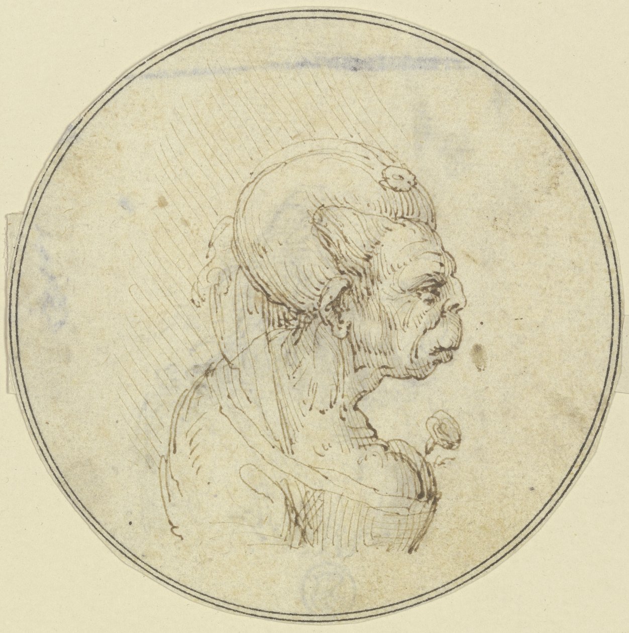 Karikatyr av en äldre kvinna, bröstbild med en ros i bröstet, i profil åt höger av Leonardo da Vinci