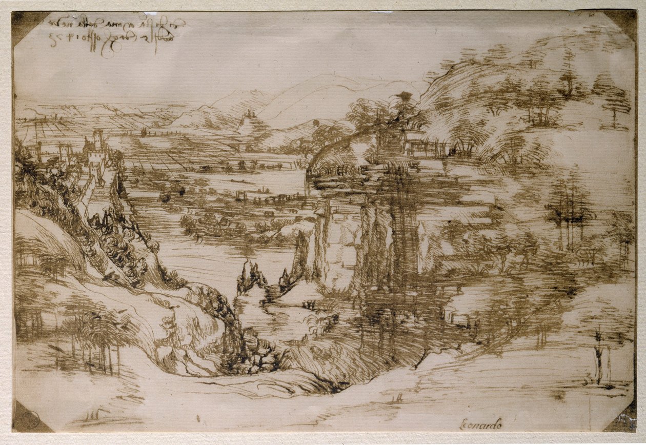 Landskapet i Santa Maria della Neve: landskapet i Arno-dalen (pennteckning av Leonardo da Vinci