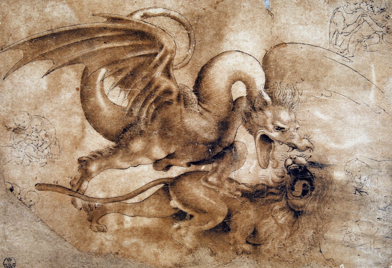 Leonardo da Vinci (Leonardo da Vinci) (1452 - 1519): Kamp mellan ett lejon och en drake, GDSU 435 E (Imagine) av Leonardo da Vinci