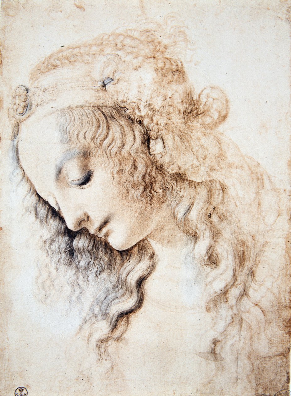 Leonardo da Vinci (Leonardo da Vinci) (1452 - 1519): Porträtt av en flicka med slutna ögon och huvudet nedåt med håret prydt med ett band berikat med smycken (Immagina) av Leonardo da Vinci