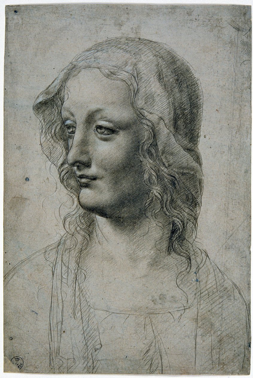 Maestro della Pala Sforzesca (milanesisk elev till Leonardo da Vinci), kvinnligt huvud med slöja kanske en studie för Jungfrun, GDSU 426 E av Leonardo da Vinci