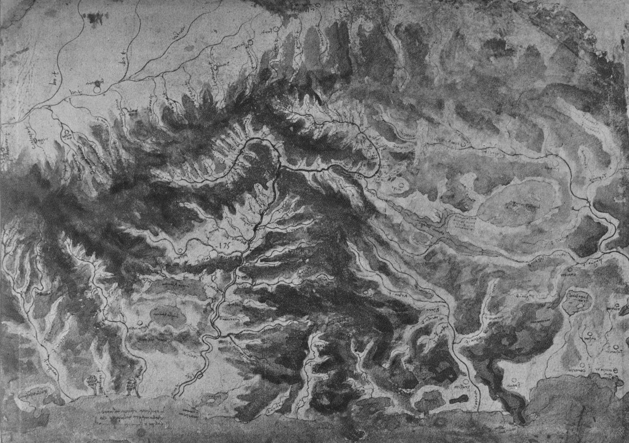 Karta över norra Italien, Visar vattendelaren i Arno, c1480 1945 av Leonardo da Vinci