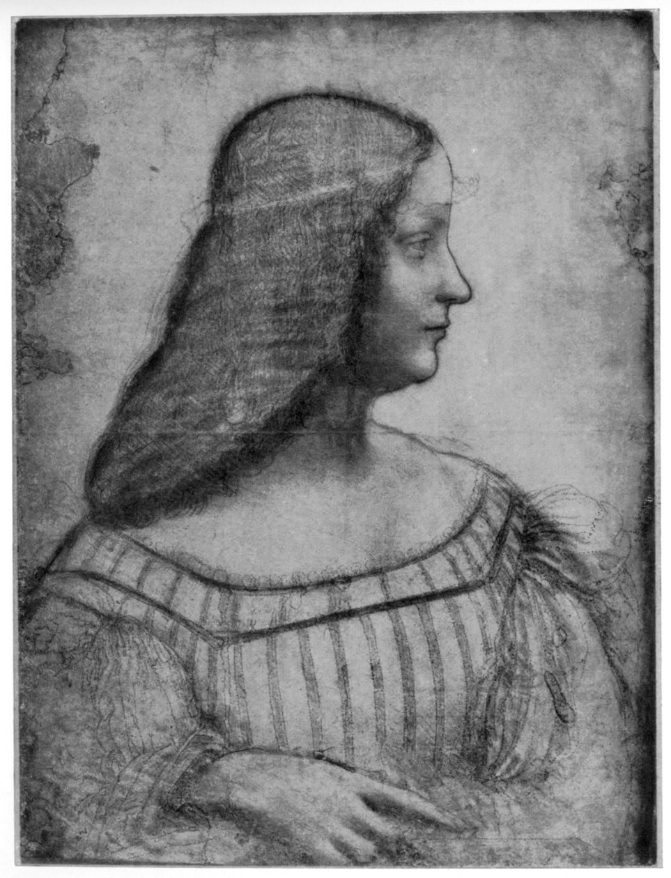 Porträtt av Isabella dEste, 1500 1954. av Leonardo da Vinci