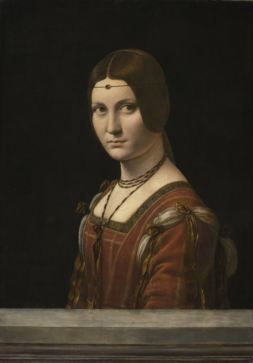 Porträtt av en okänd kvinna, kallad La Belle Ferronnière, 1490-1496. av Leonardo da Vinci,